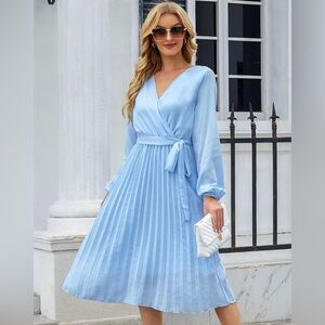 BBX Lephsnt Baby Blue V-Neck Midi Wrap Dress Wedding Guest Casual Pleated